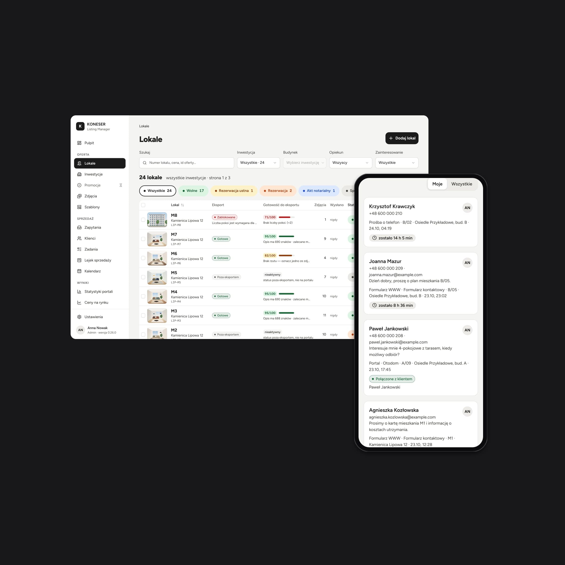 Listing Manager: flat list on desktop and enquiries on a phone