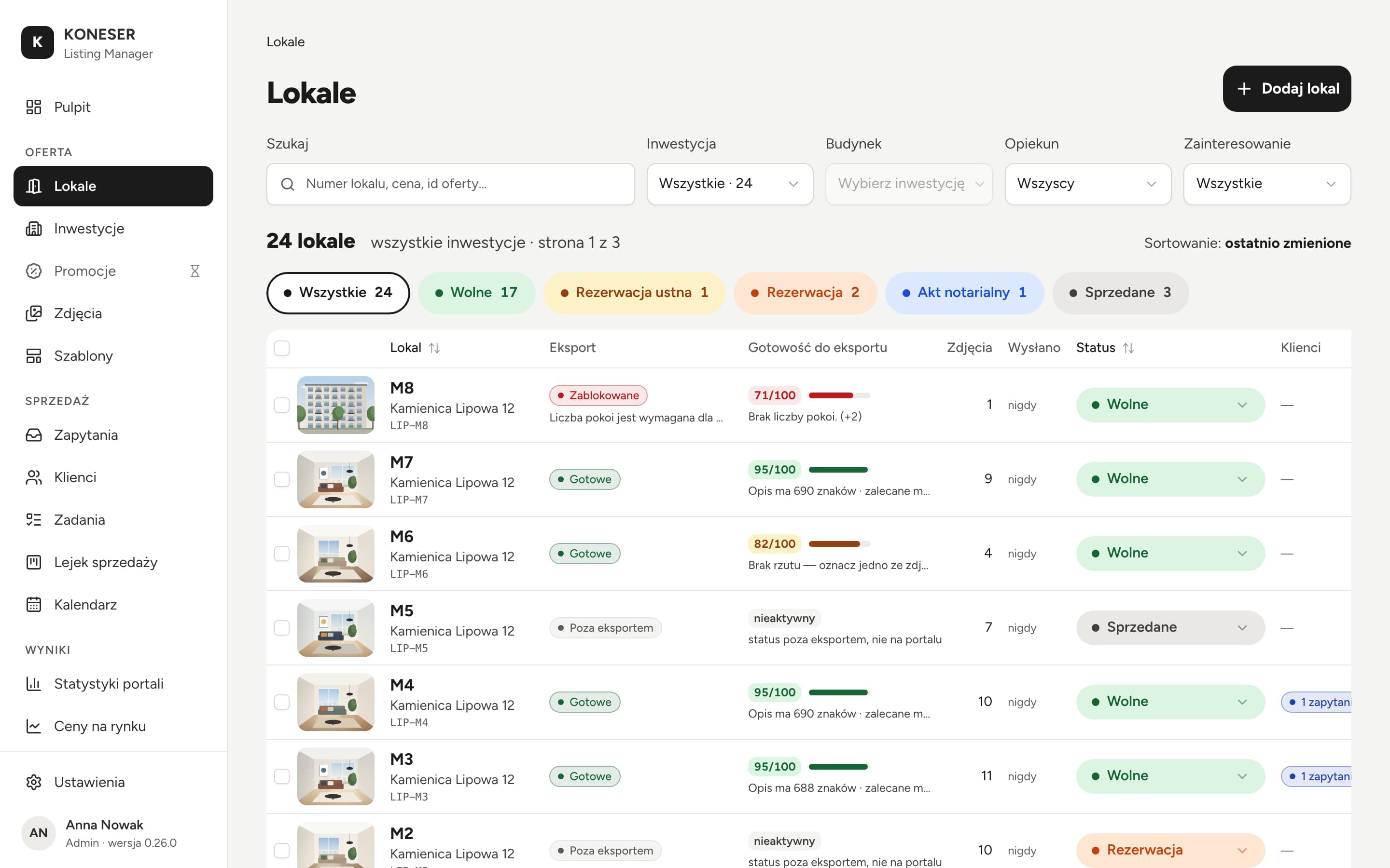 Listing Manager: flat list with quality scores and export readiness on desktop