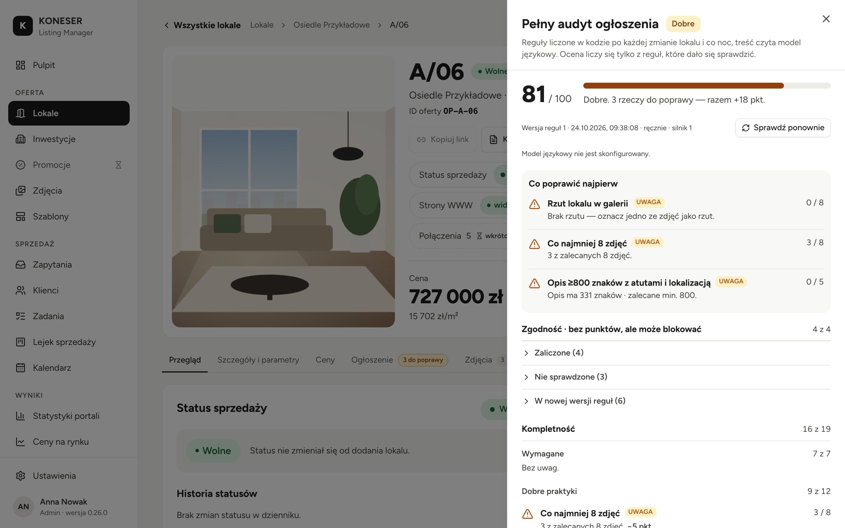 Listing Manager: automatic listing audit for a flat on desktop