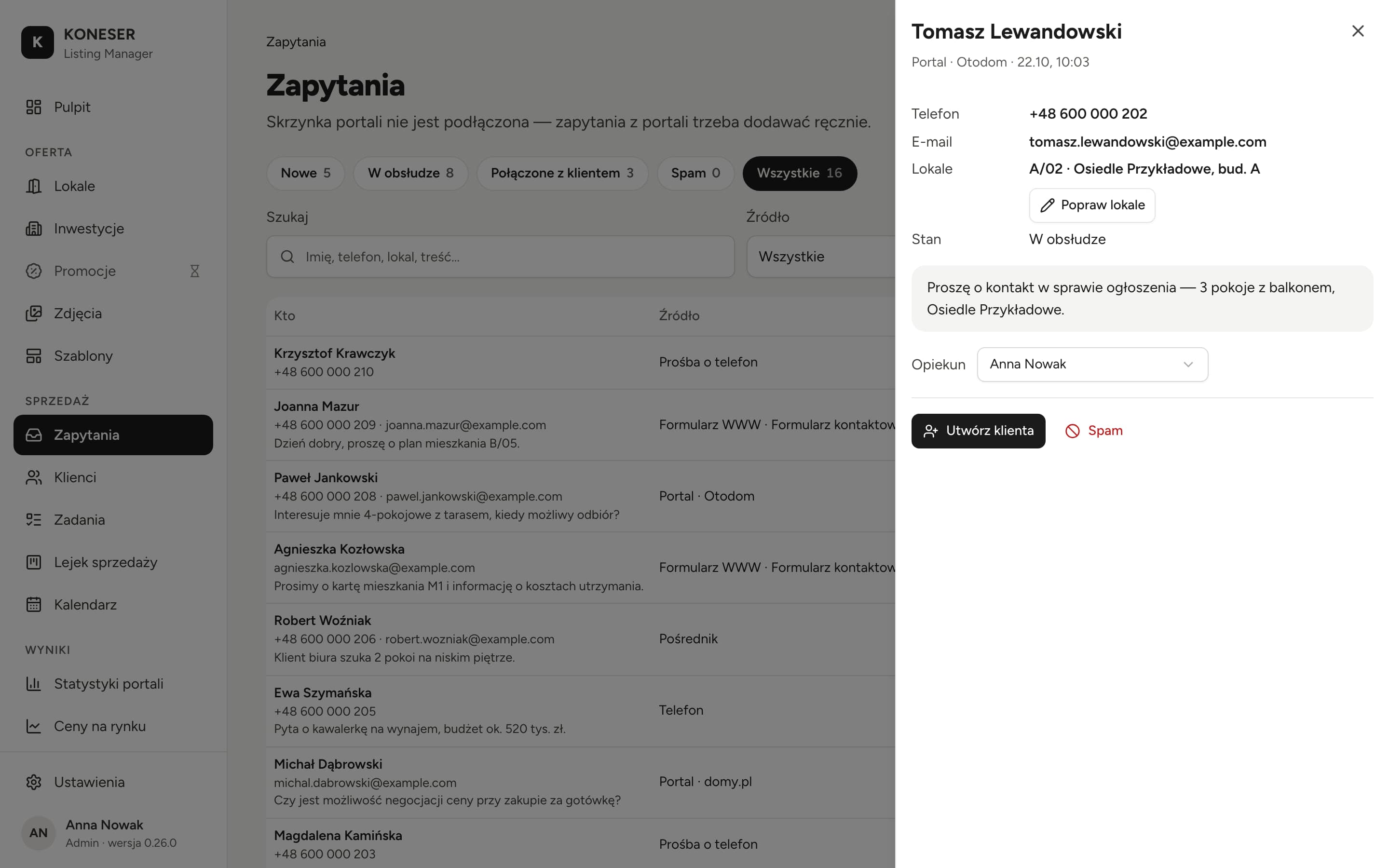 Listing Manager: enquiry list and enquiry details on desktop