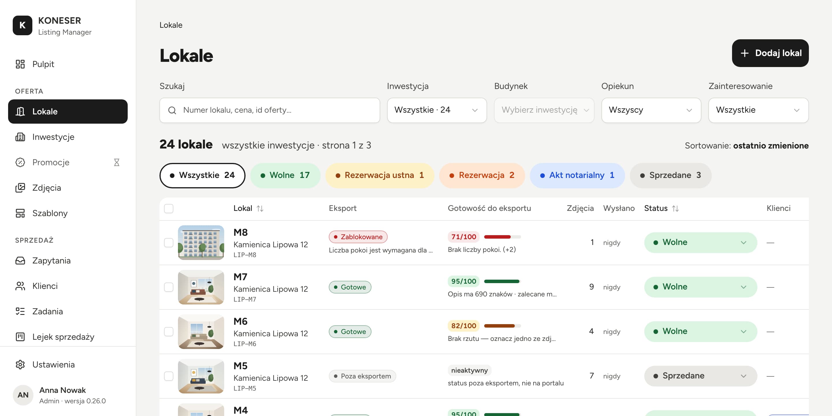 Listing Manager: flat list with listing quality scores on desktop