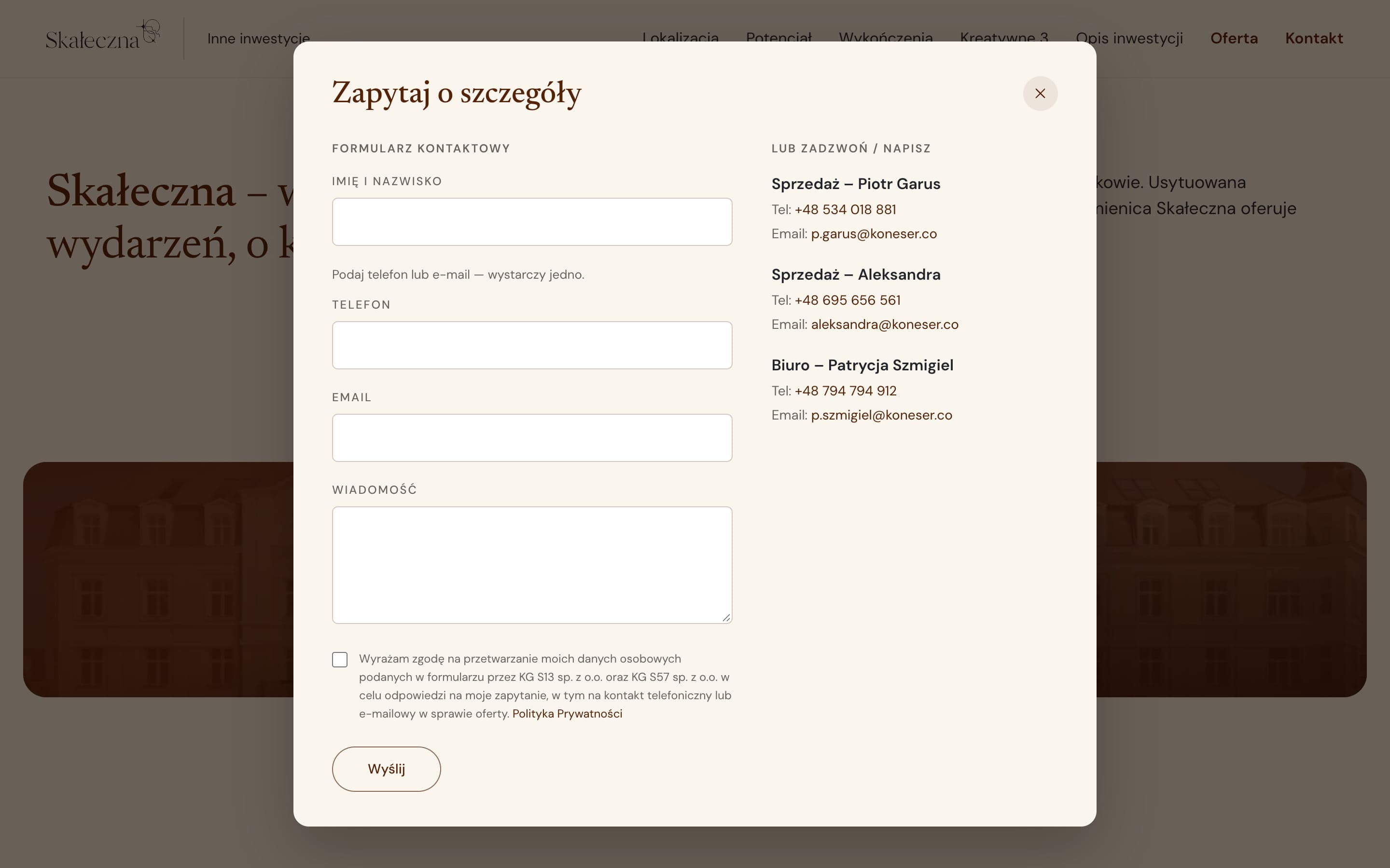 Skałeczna 1/3/5/7: contact form on desktop